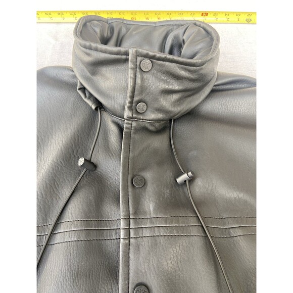 Calvin Klein Jeans Faux Leather Coat XL Black Jacket Hooded Mid Length Matrix - Picture 7 of 16
